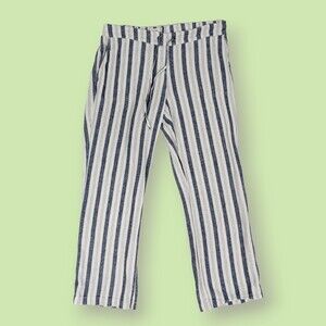Per Se Women's L Linen Blend Wide Leg Cropped Pants Blue White Stripe Drawstring